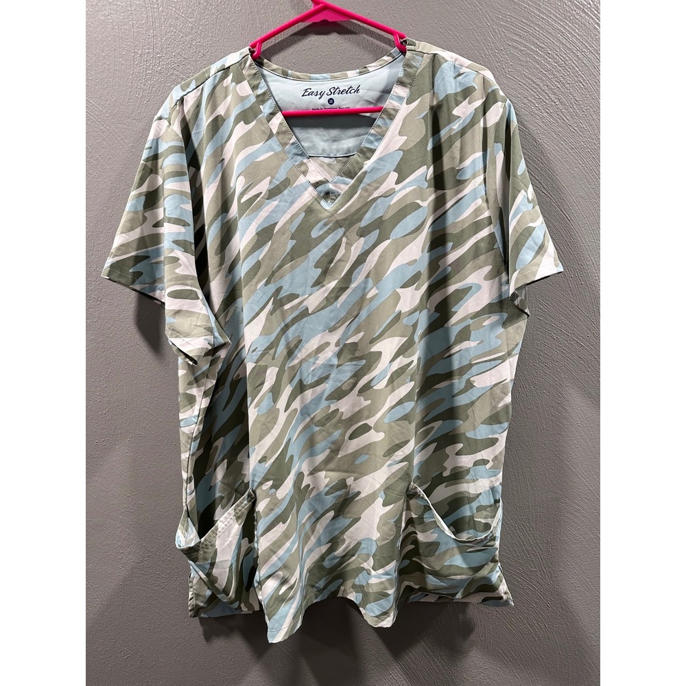 Easy Stretch Womens V-Neck Scrub Top 2X Camo Print Green Blue Short Sleeve